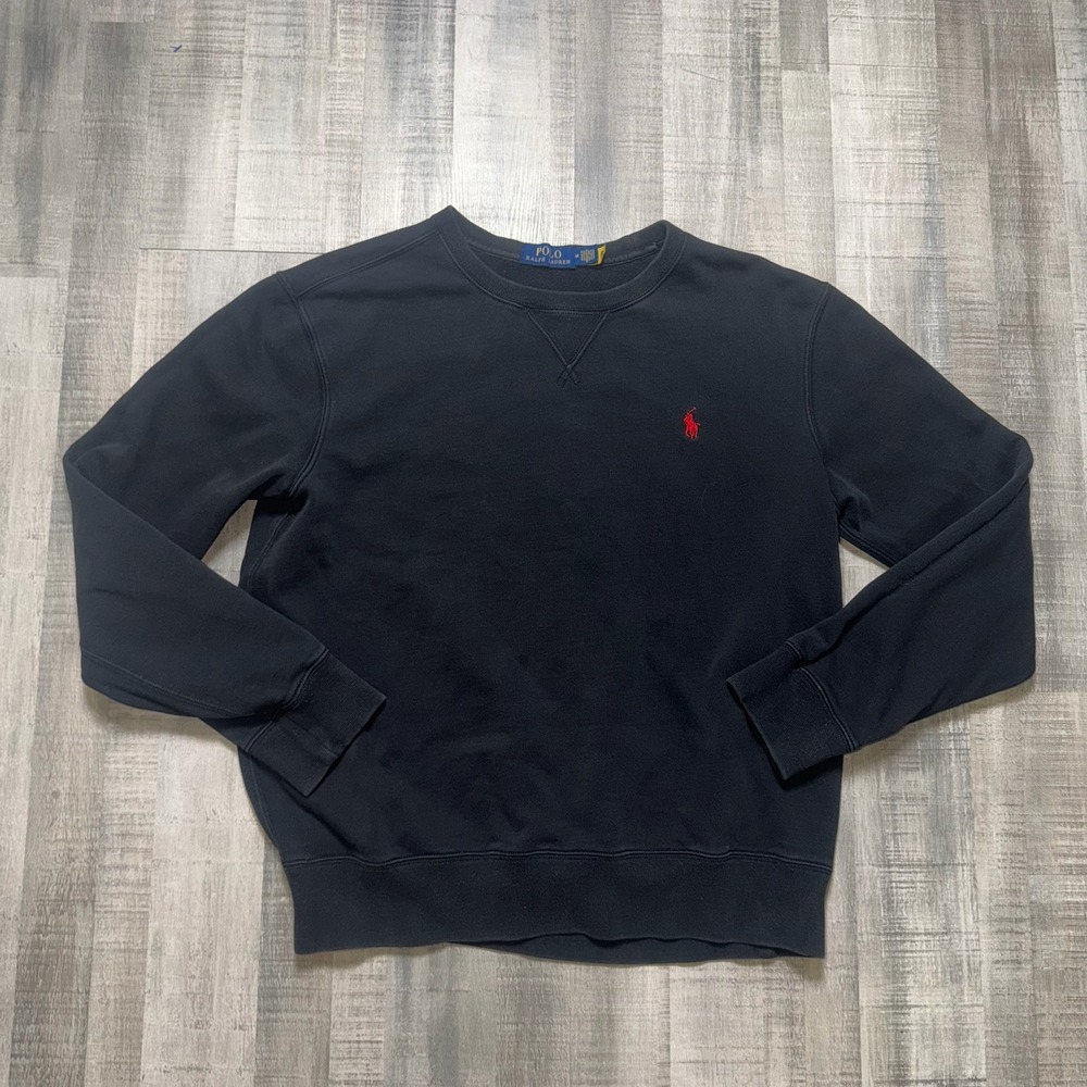 Polo Ralph Lauren Sweater Mens Medium Black Crewneck Pullover Pony Logo Sun Fade